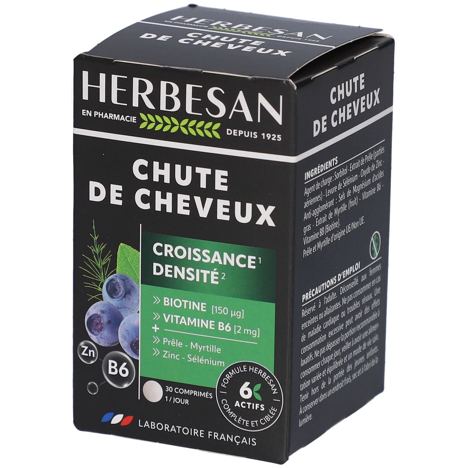 Boîte Herbesan Chute de Cheveux. Contient 30 comprimés. Contient biotine, vitamine B6, zinc et sélénium. Emballage noir.