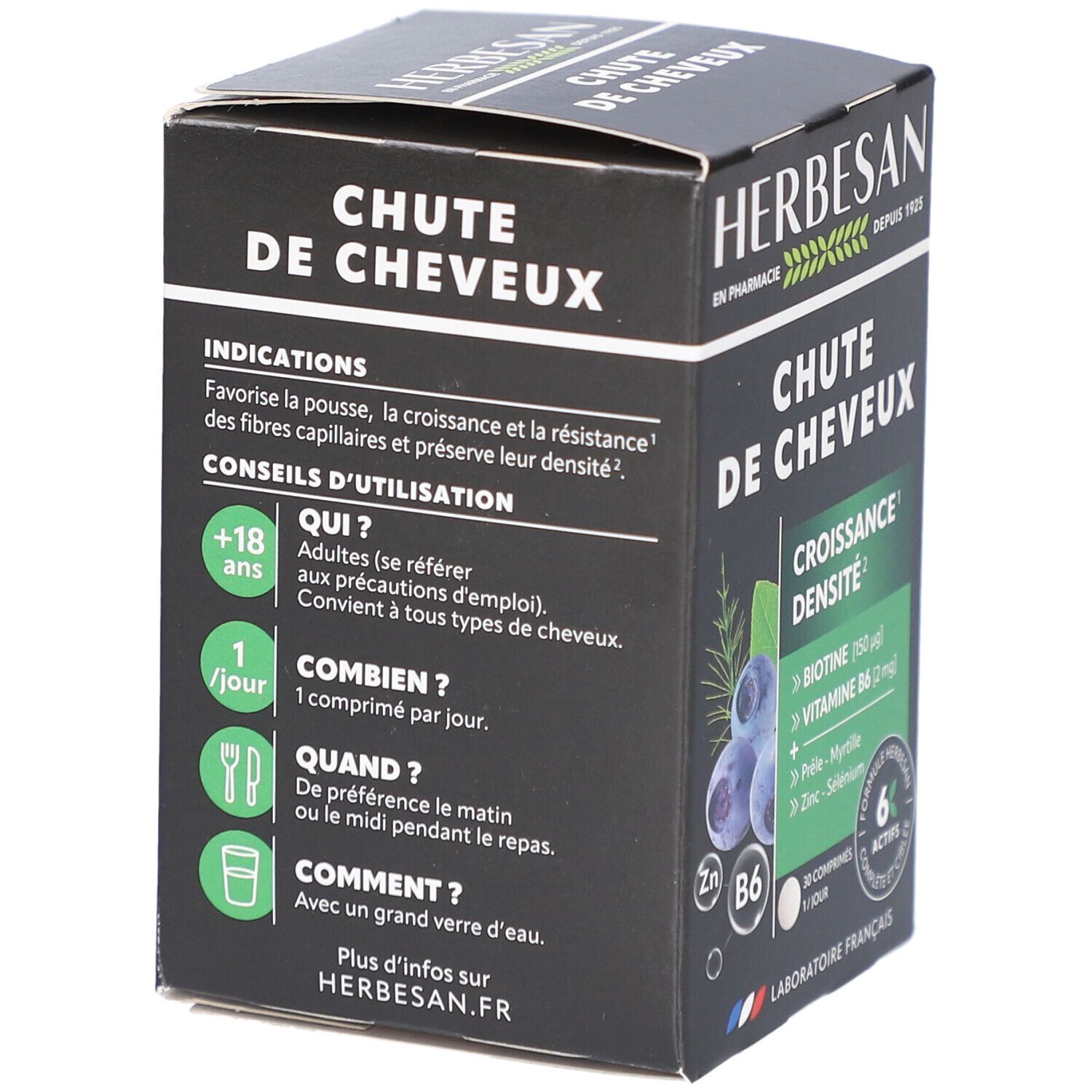 Boîte Herbesan Chute de Cheveux. Verso avec informations d'utilisation et ingrédients. Emballage noir.