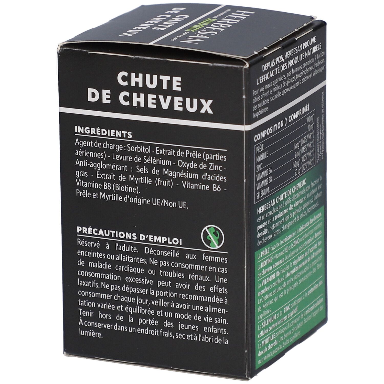 Boîte Herbesan Chute de Cheveux. Contient des informations sur les ingrédients et les précautions. Emballage noir.
