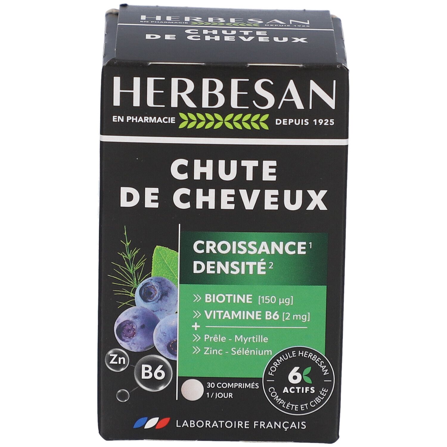Boîte Herbesan Chute de Cheveux. Contient 30 comprimés. Contient biotine, vitamine B6, zinc et sélénium. Emballage noir.