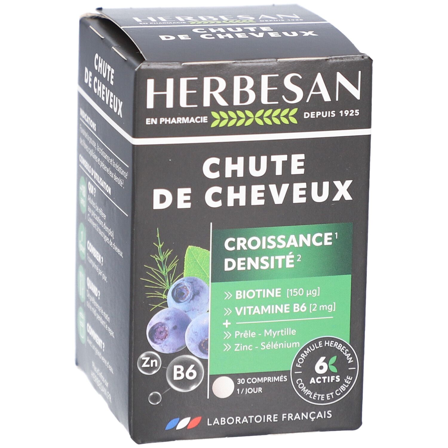 Boîte Herbesan Chute de Cheveux. Contient 30 comprimés. Contient biotine, vitamine B6, zinc et sélénium. Emballage noir.