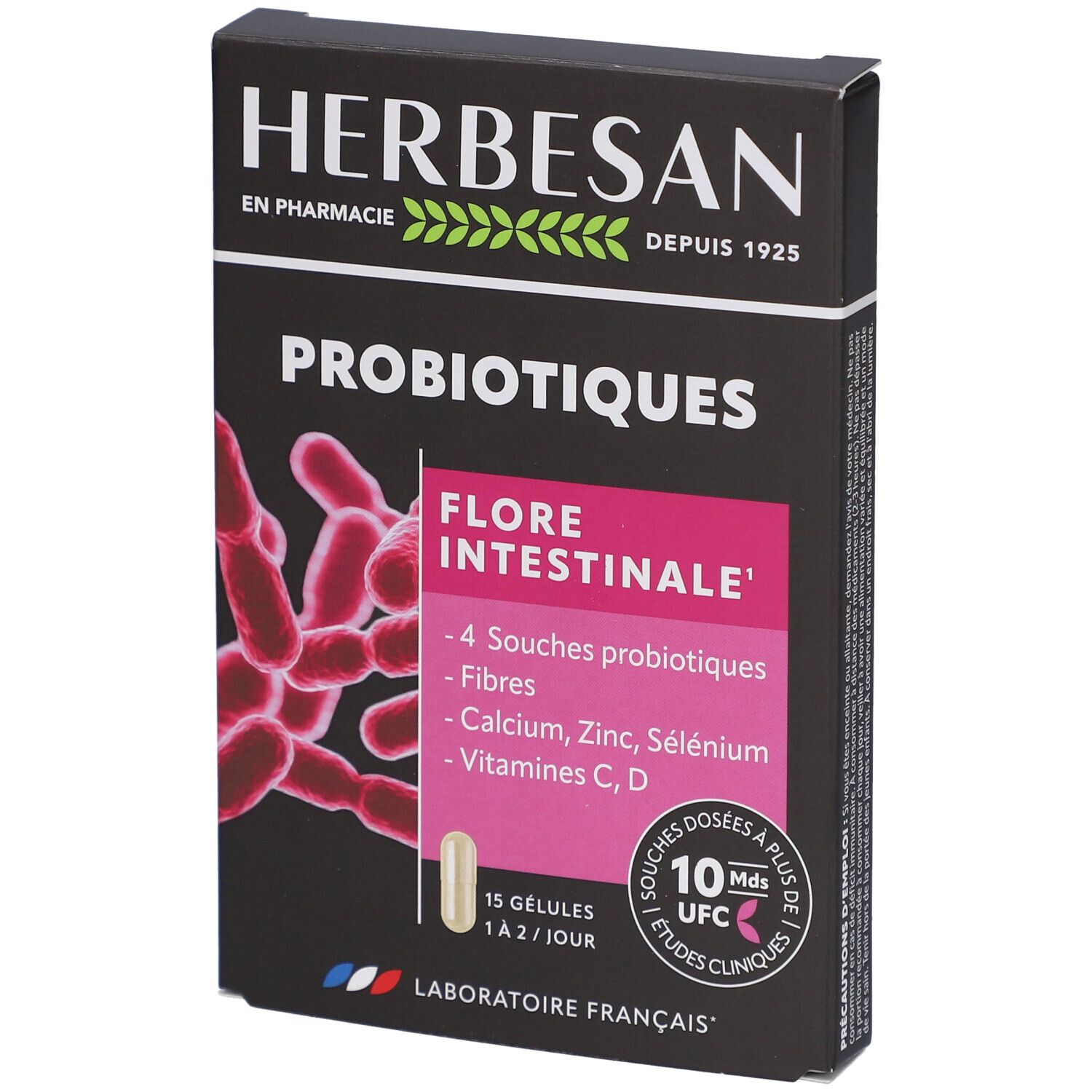 Boîte noire avec informations produit. Texte: HERBESAN, PROBIOTIQUES, FLORE INTESTINALE. Contient 15 gélules. Laboratoire Français.