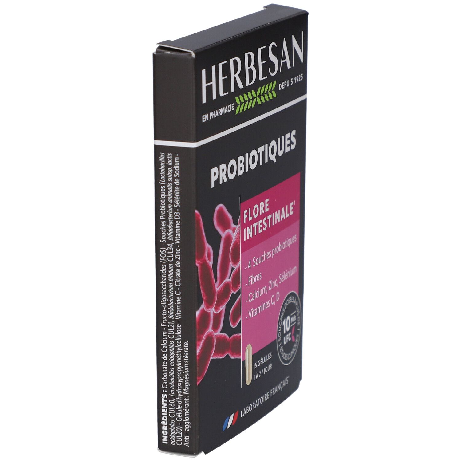 Boîte noire en biais. Texte: HERBESAN, PROBIOTIQUES, FLORE INTESTINALE. Contient 15 gélules. Laboratoire Français. Ingrédients.