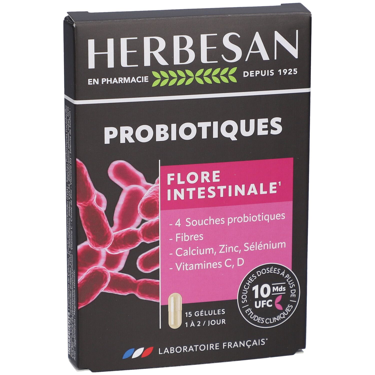 Boîte noire avec informations produit. Texte: HERBESAN, PROBIOTIQUES, FLORE INTESTINALE. Contient 15 gélules. Laboratoire Français.