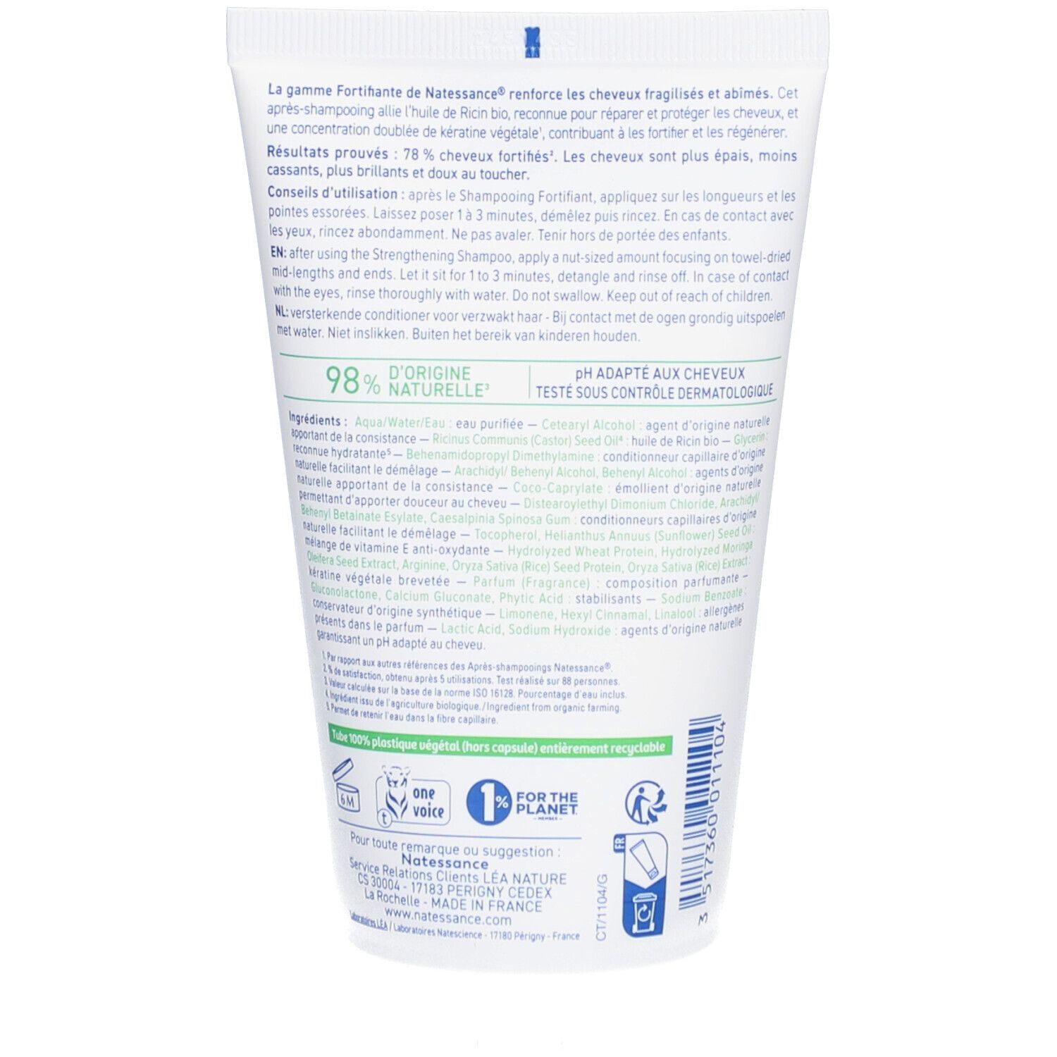 Dos d'un tube blanc. Texte: Ingrédients, 98% d'ingrédients naturels, pH testé dermatologiquement. Logo de recyclage.
