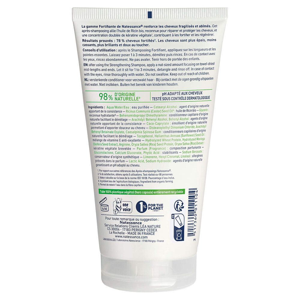 Dos d'un tube blanc. Texte: Ingrédients, 98% d'ingrédients naturels, pH testé dermatologiquement. Logo de recyclage.
