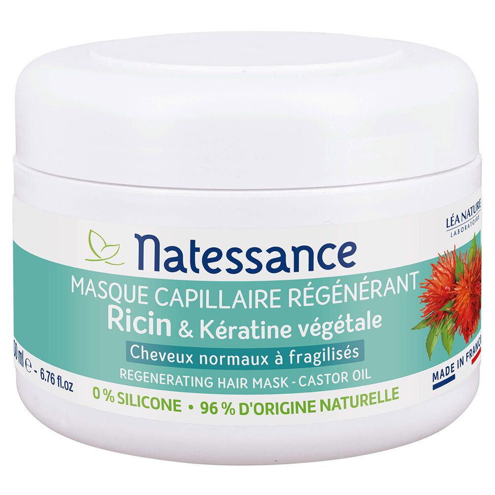 Pot blanc avec étiquette verte. Texte : Natessance, masque capillaire, huile de ricin & kératine végétale. 200ml.