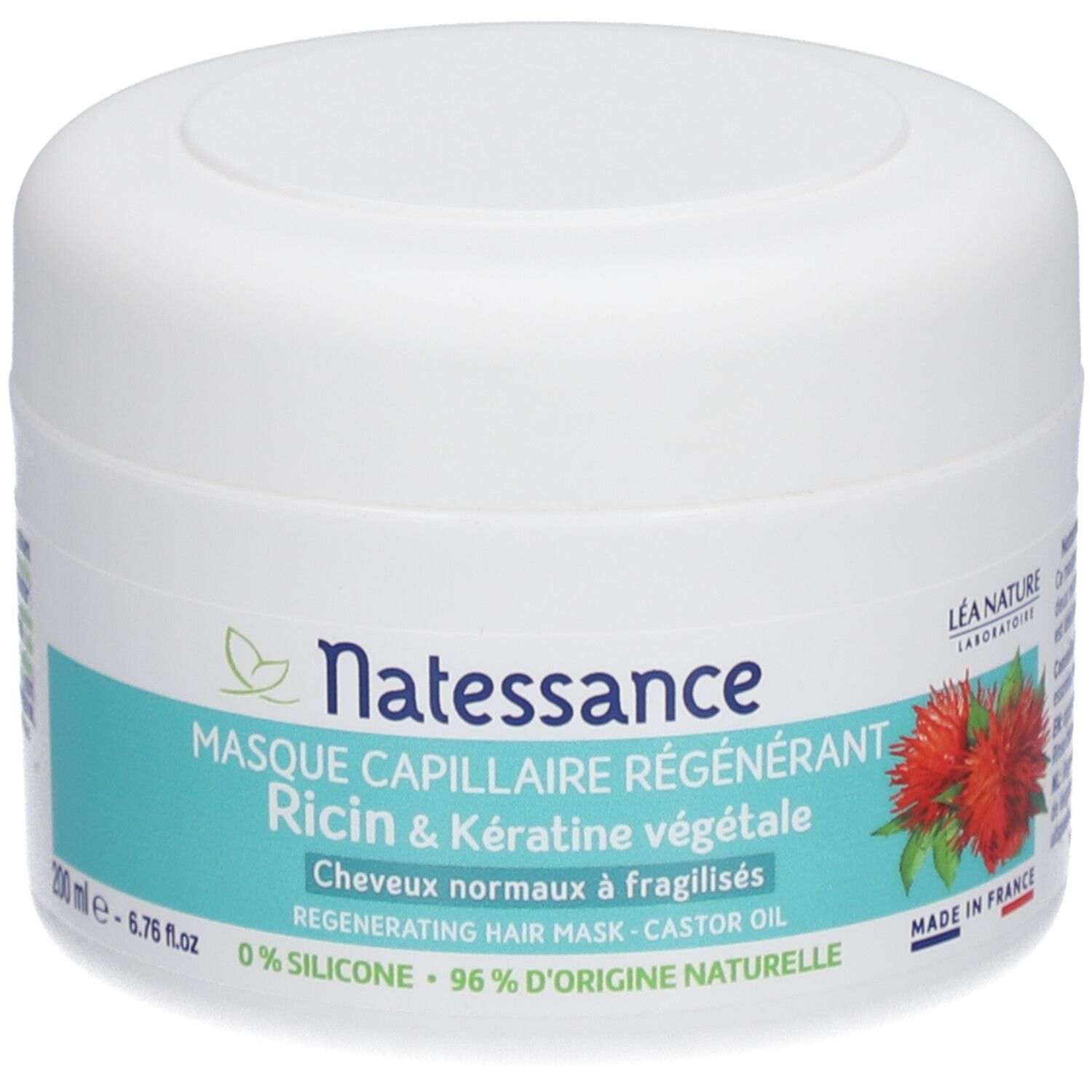 Pot blanc avec étiquette verte. Texte : Natessance, masque capillaire, huile de ricin & kératine végétale. 200ml.