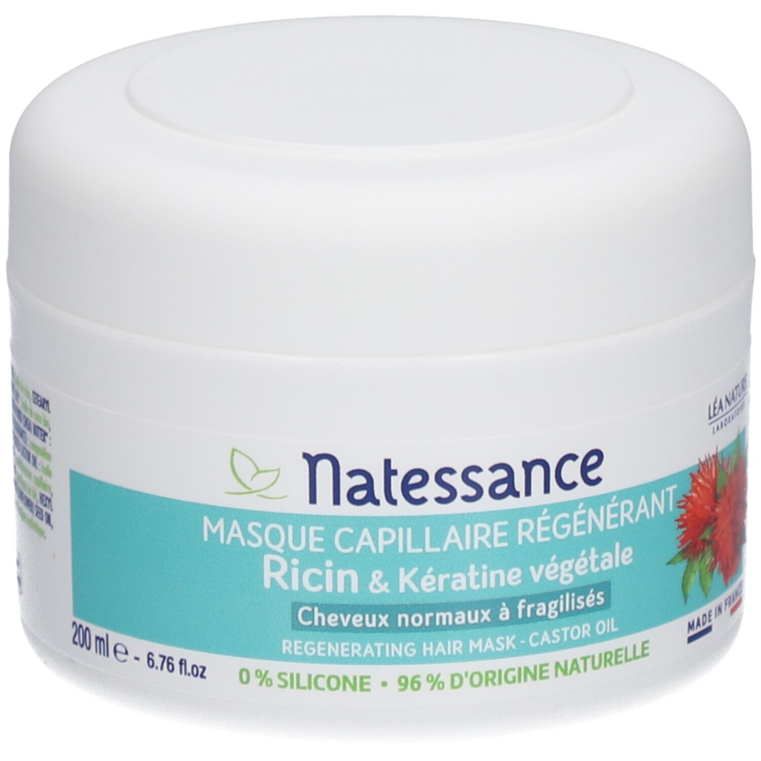 Pot blanc avec étiquette verte. Texte : Natessance, masque capillaire, huile de ricin & kératine végétale. 200ml.
