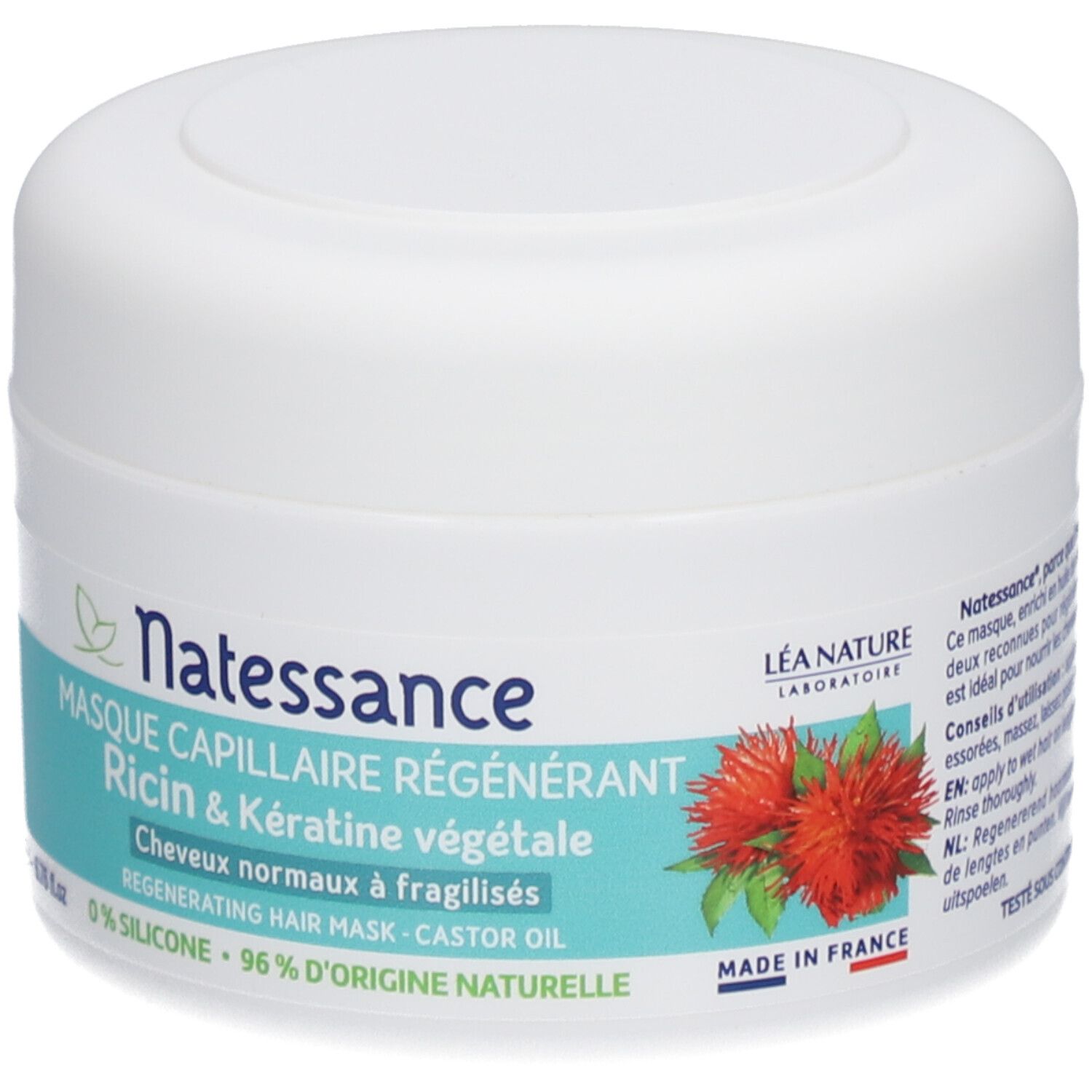 Pot blanc avec étiquette verte. Texte : Natessance, masque capillaire, huile de ricin & kératine végétale. 200ml.