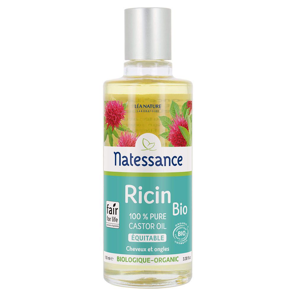 Flacon d'huile transparente avec bouchon argenté. Inscription: Natessance Ricin Bio, 100% huile de ricin pure.