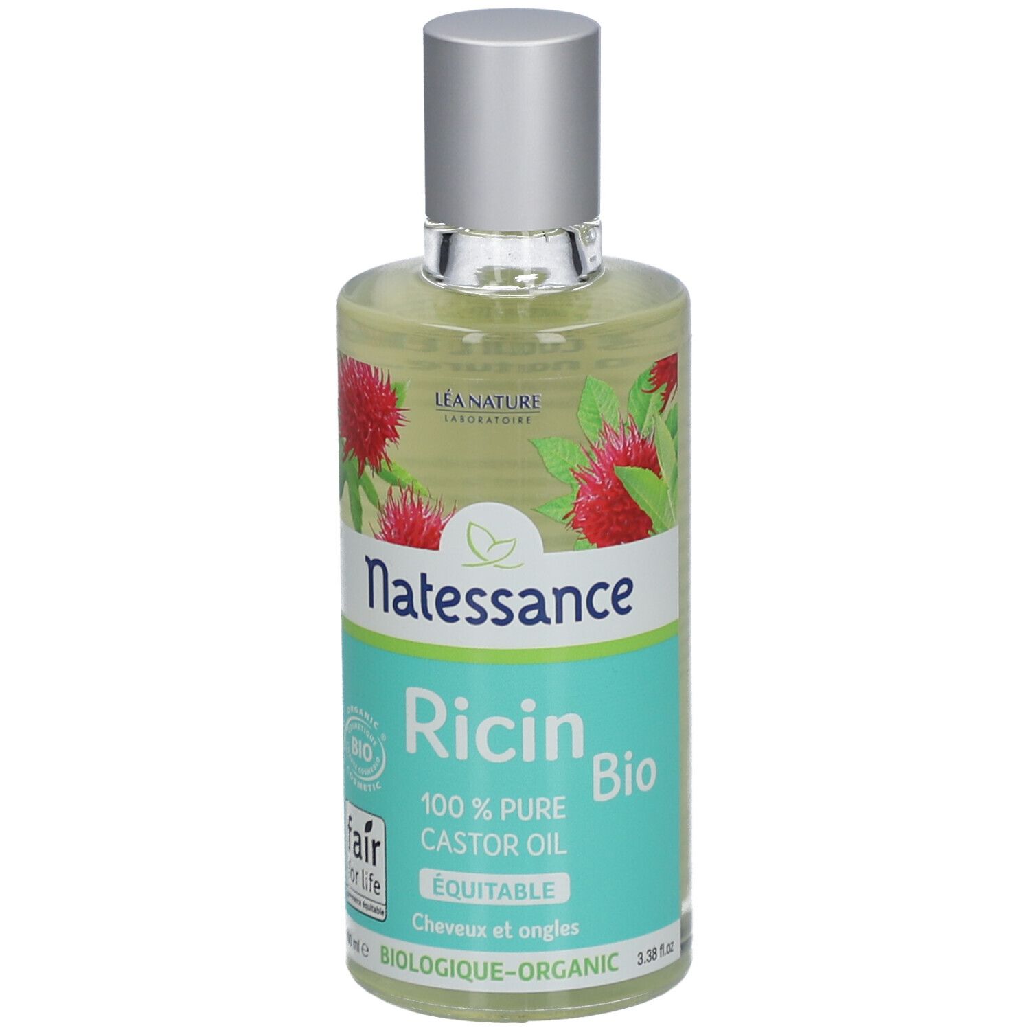 Flacon d'huile transparente avec bouchon argenté. Inscription: Natessance Ricin Bio, 100% huile de ricin pure.