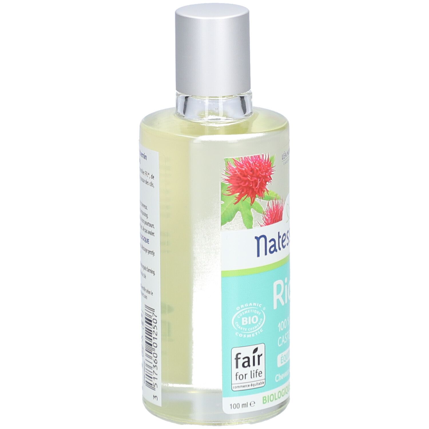 Flacon d'huile transparente avec bouchon argenté. Inscription: Natessance Ricin Bio, 100% huile de ricin pure.