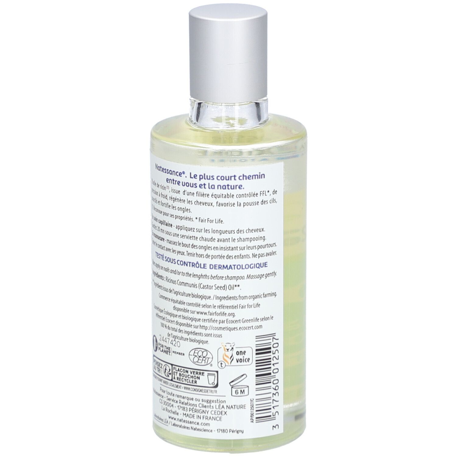 Flacon d'huile transparente avec bouchon argenté. Inscription: Natessance Ricin Bio, 100% huile de ricin pure.