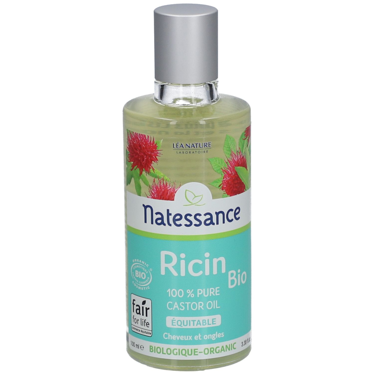 Flacon d'huile transparente avec bouchon argenté. Inscription: Natessance Ricin Bio, 100% huile de ricin pure.