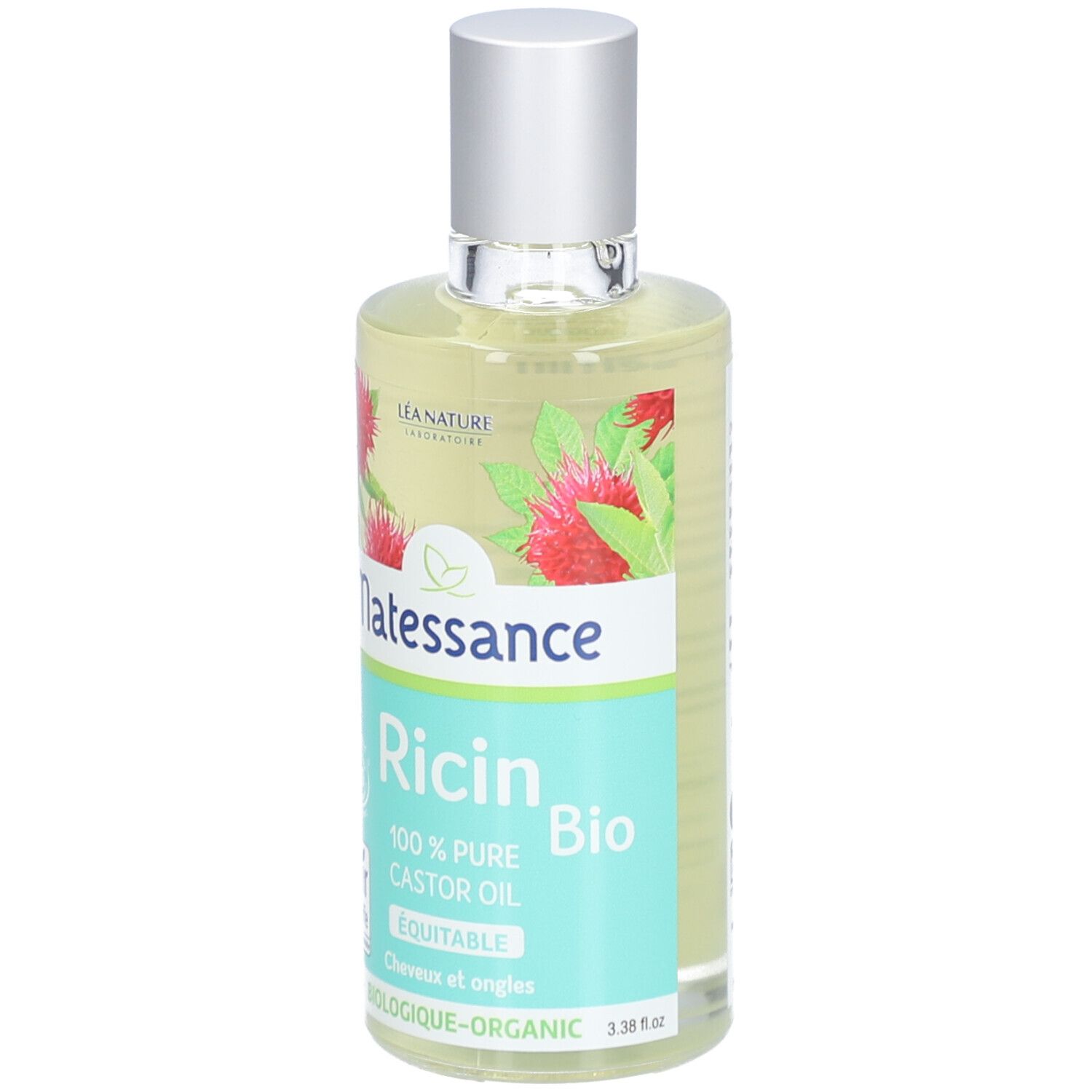 Flacon d'huile transparente avec bouchon argenté. Inscription: Natessance Ricin Bio, 100% huile de ricin pure.