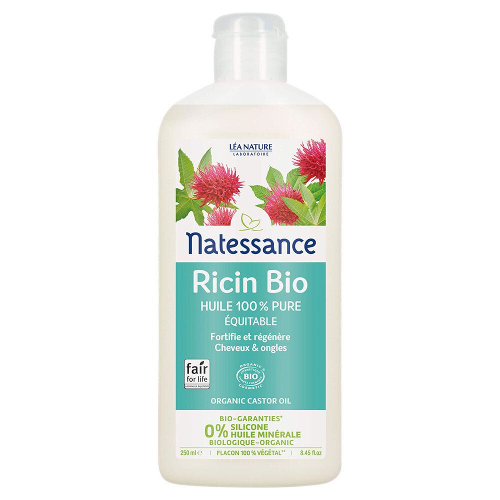 Flacon avec étiquette. Inscription: Natessance Ricin Bio, Huile 100% pure. Certification bio.