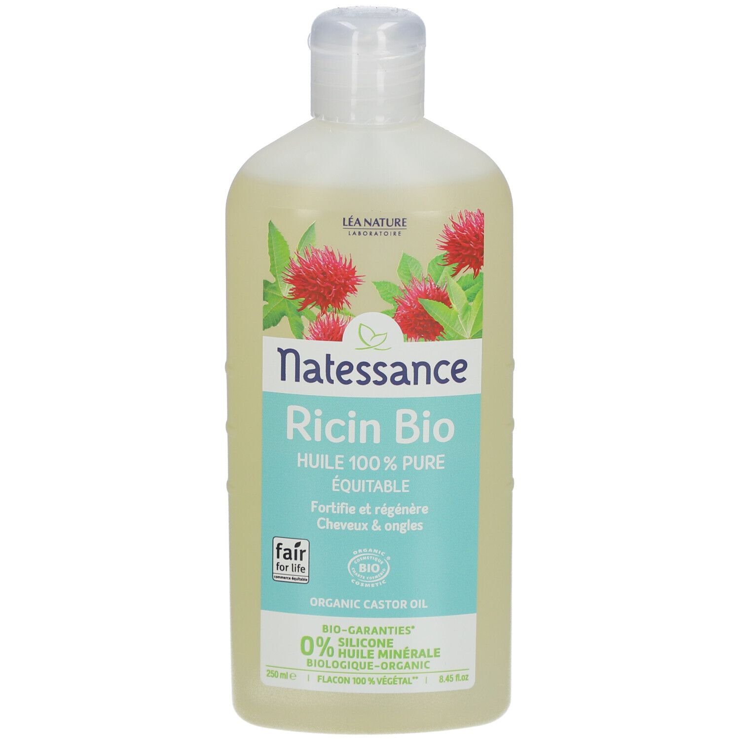 Flacon avec étiquette. Inscription: Natessance Ricin Bio, Huile 100% pure. Certification bio.
