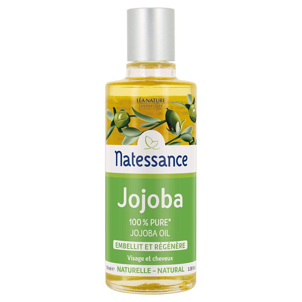 Flacon d'huile de jojoba SO BIO ETIC Natessance. Étiquette verte avec nom et logo. Bouchon argenté. Contenu clair.