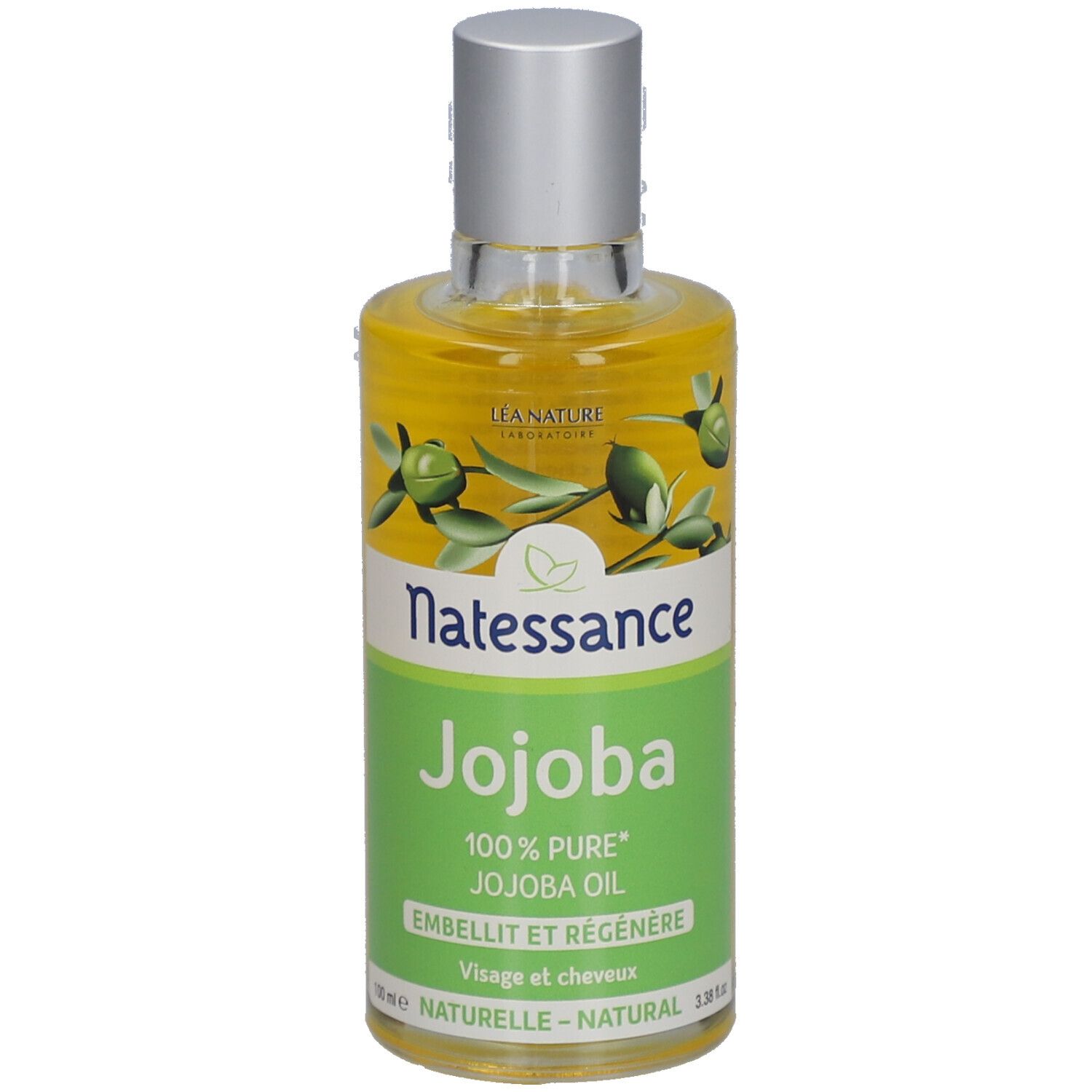 Flacon d'huile de jojoba SO BIO ETIC Natessance. Étiquette verte avec nom et logo. Bouchon argenté. Contenu clair.