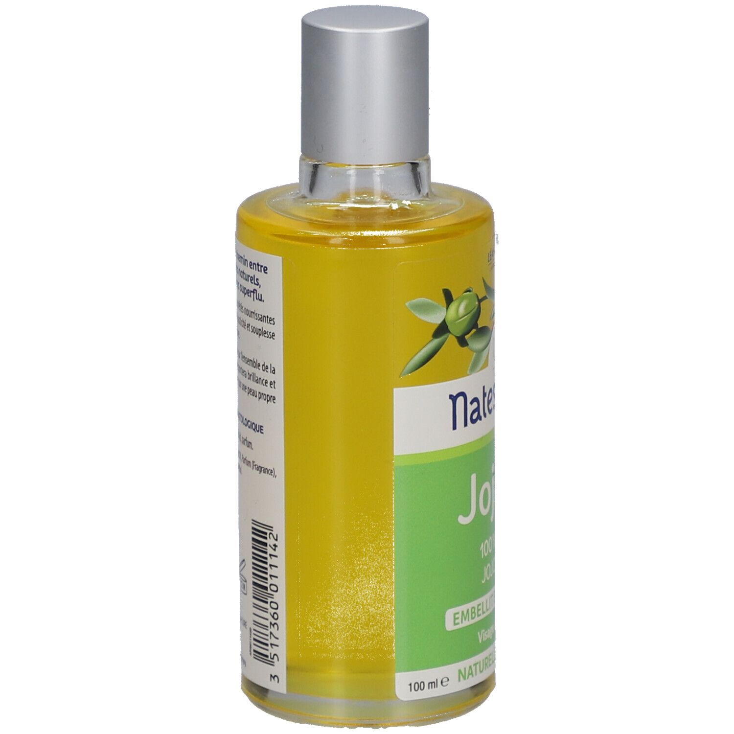 Flacon d'huile de jojoba SO BIO ETIC Natessance, vue latérale. Étiquette verte avec texte. Bouchon argenté. Contenu clair.