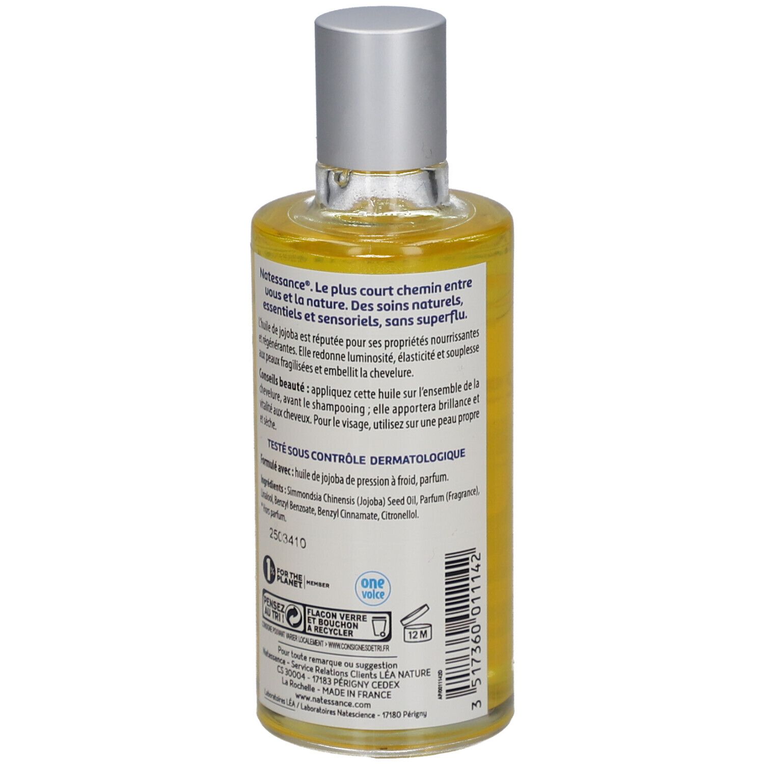 Flacon d'huile de jojoba SO BIO ETIC Natessance, vue arrière. Étiquette verte avec texte. Bouchon argenté. Contenu clair.