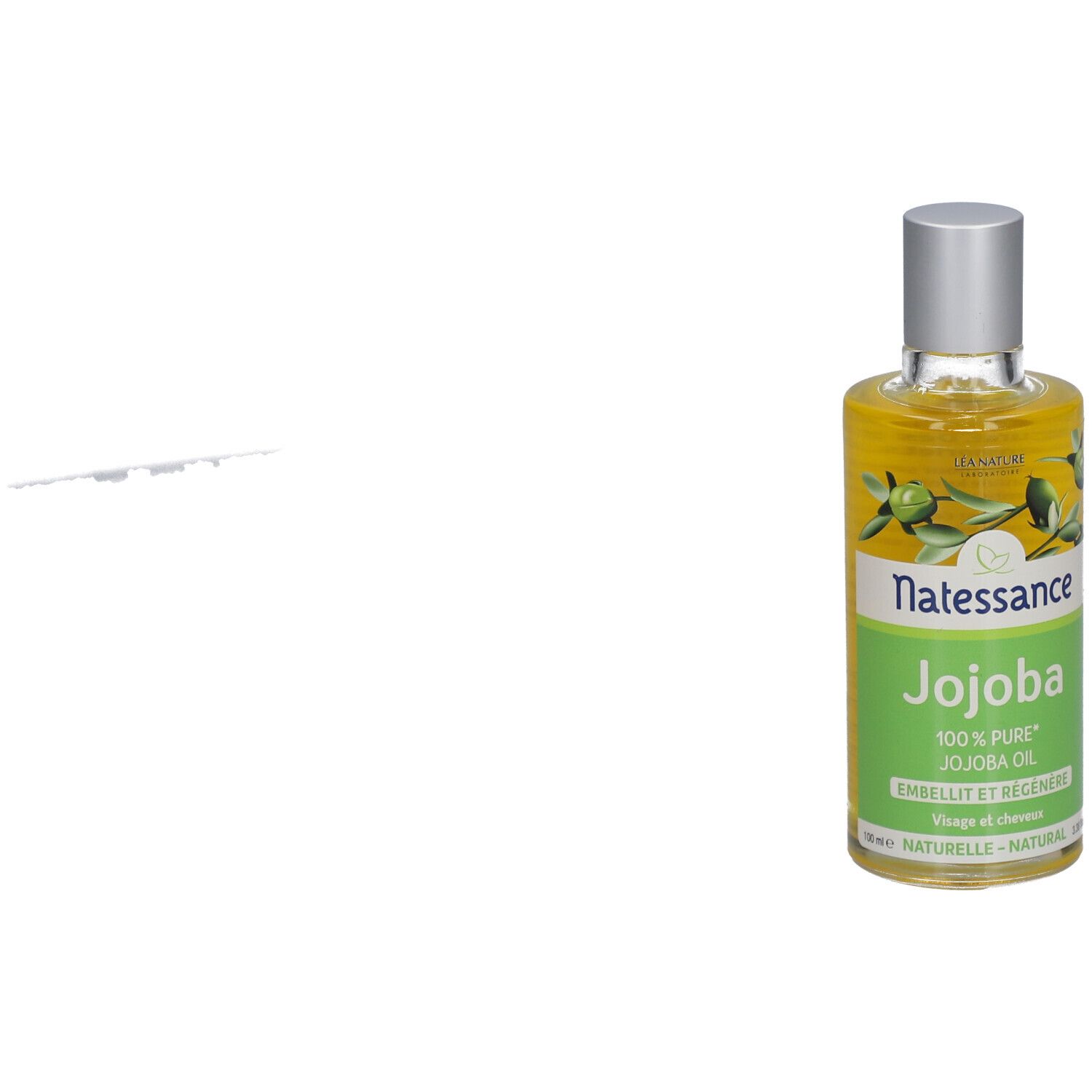 Flacon d'huile de jojoba SO BIO ETIC Natessance. Étiquette verte avec nom et logo. Bouchon argenté. Contenu clair.
