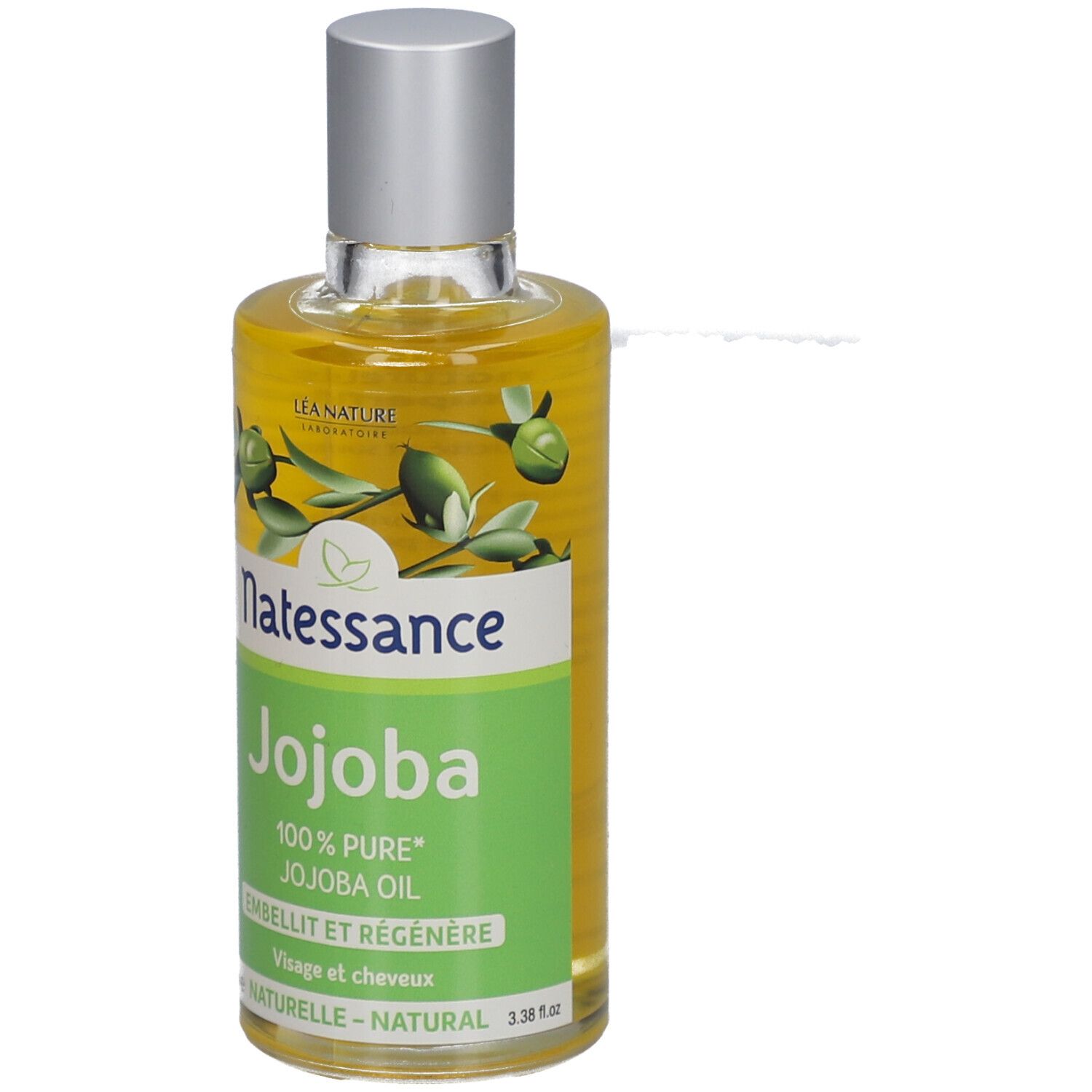Flacon d'huile de jojoba SO BIO ETIC Natessance. Étiquette verte avec nom et logo. Bouchon argenté. Contenu clair.