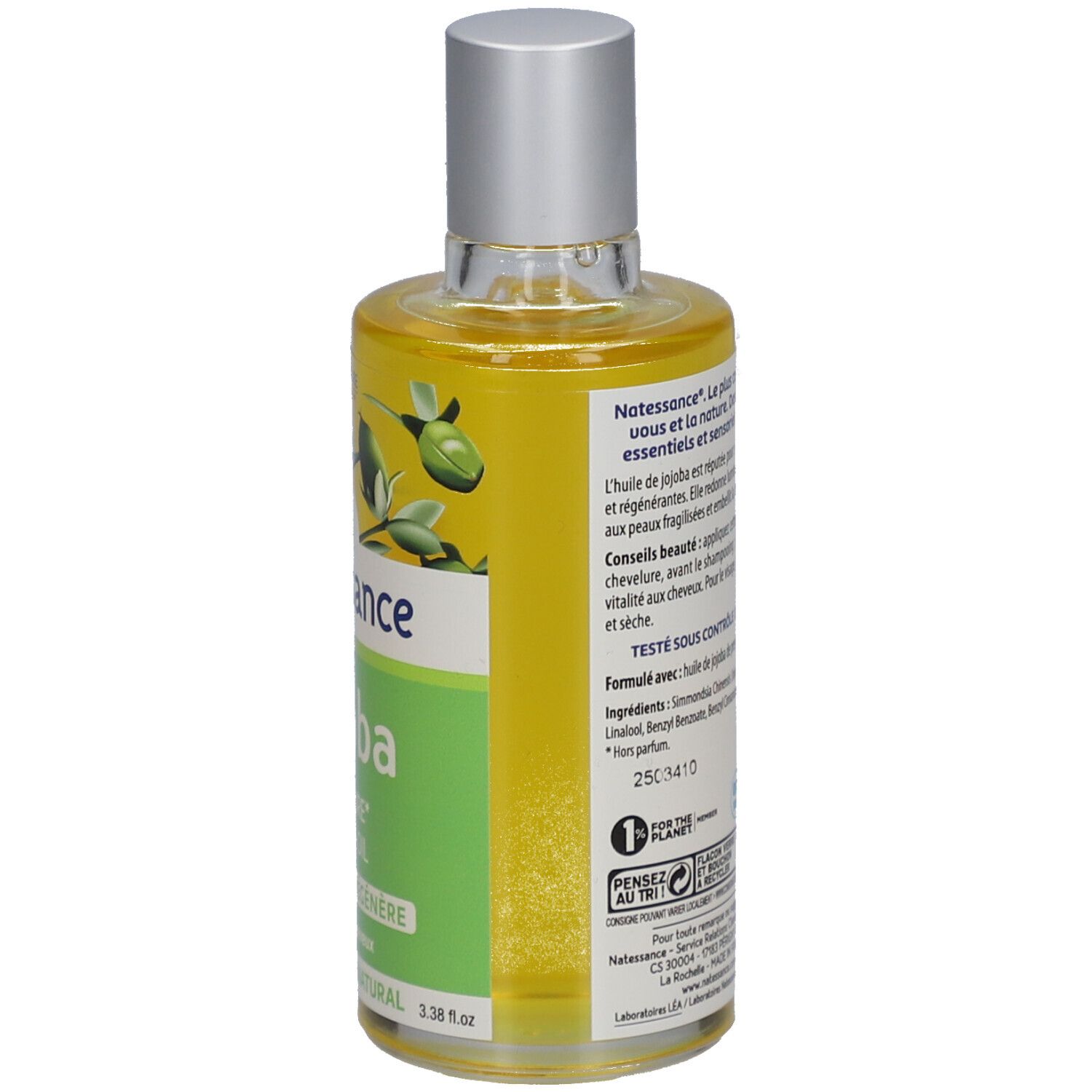 Flacon d'huile de jojoba SO BIO ETIC Natessance, vue arrière. Étiquette verte avec texte. Bouchon argenté. Contenu clair.