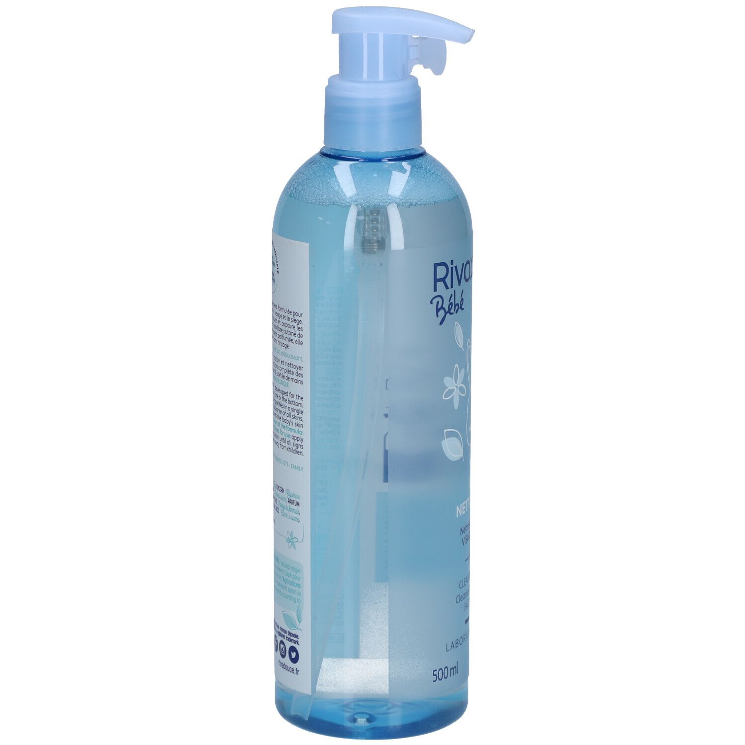 Flacon bleu clair avec pompe, vue latérale. Inscriptions et texte sur l'étiquette. Avec label bio et autres logos.