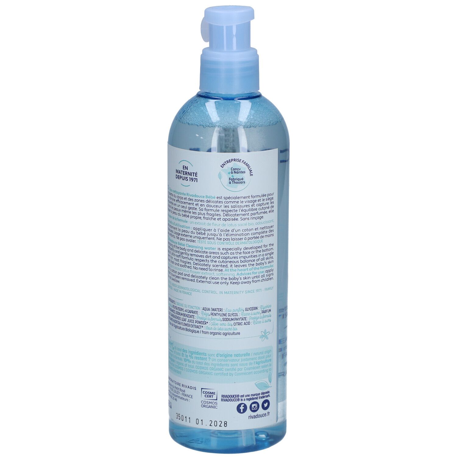 Flacon bleu clair avec pompe, dos avec texte et ingrédients. Avec logos et numéro de lot.