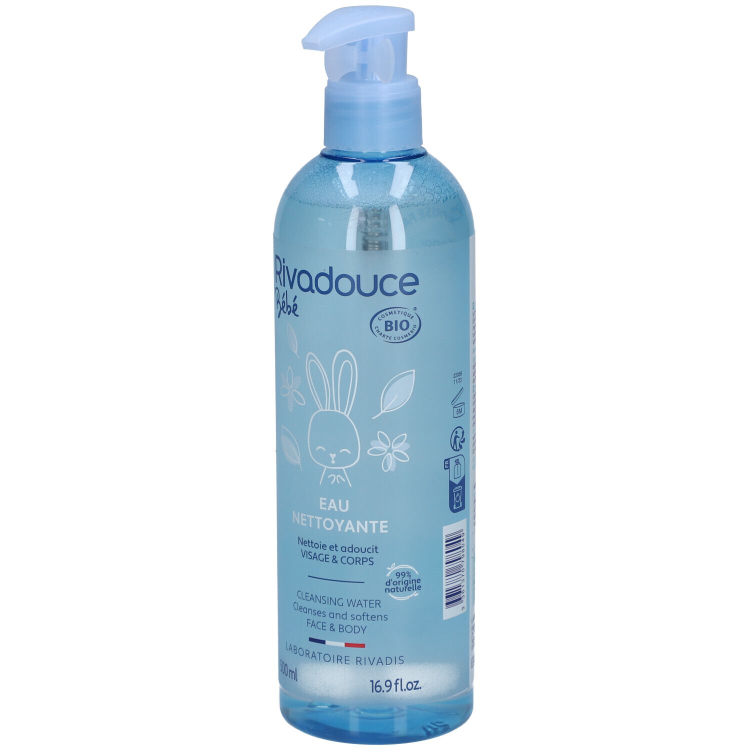 Flacon bleu clair avec pompe. Inscription: Rivadouce Bébé, Eau Nettoyante. Avec label bio et illustration de lapin.