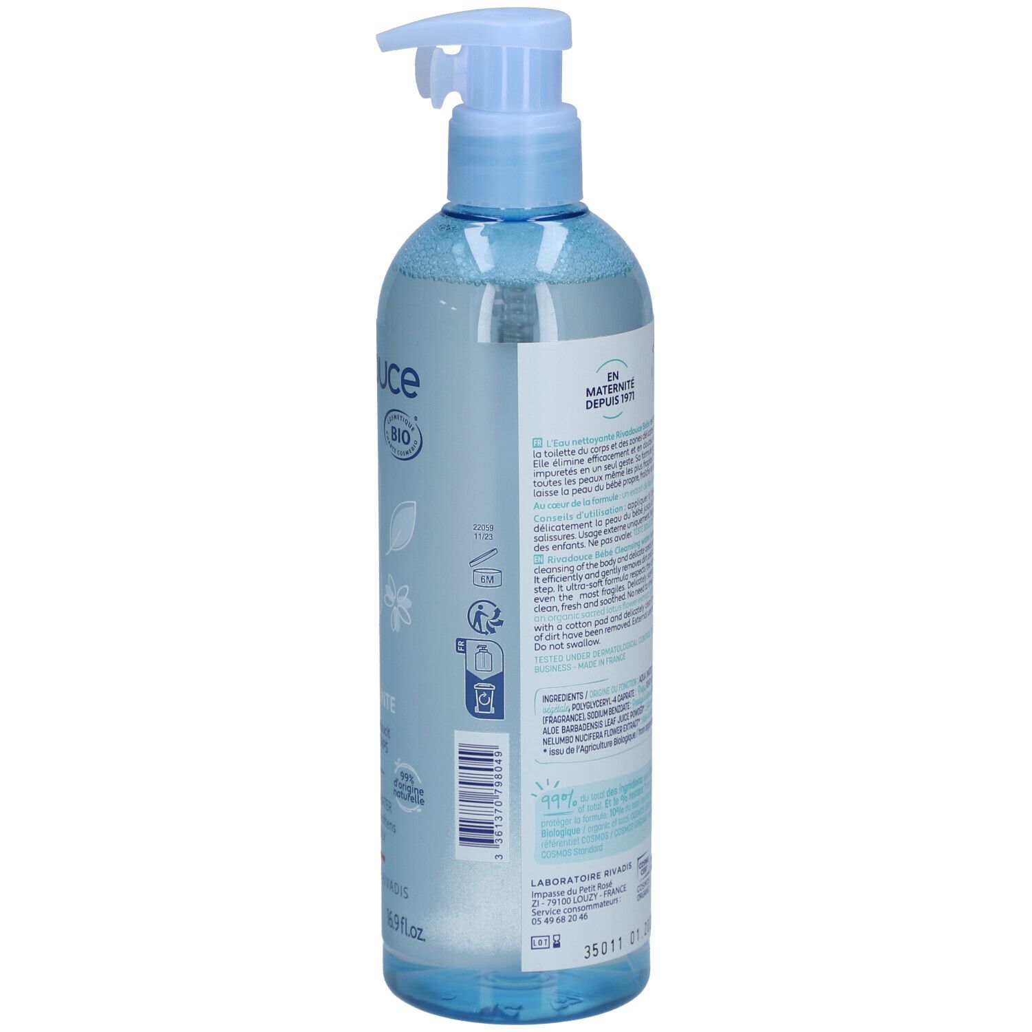 Flacon bleu clair avec pompe, dos avec texte et ingrédients. Avec logos et numéro de lot.