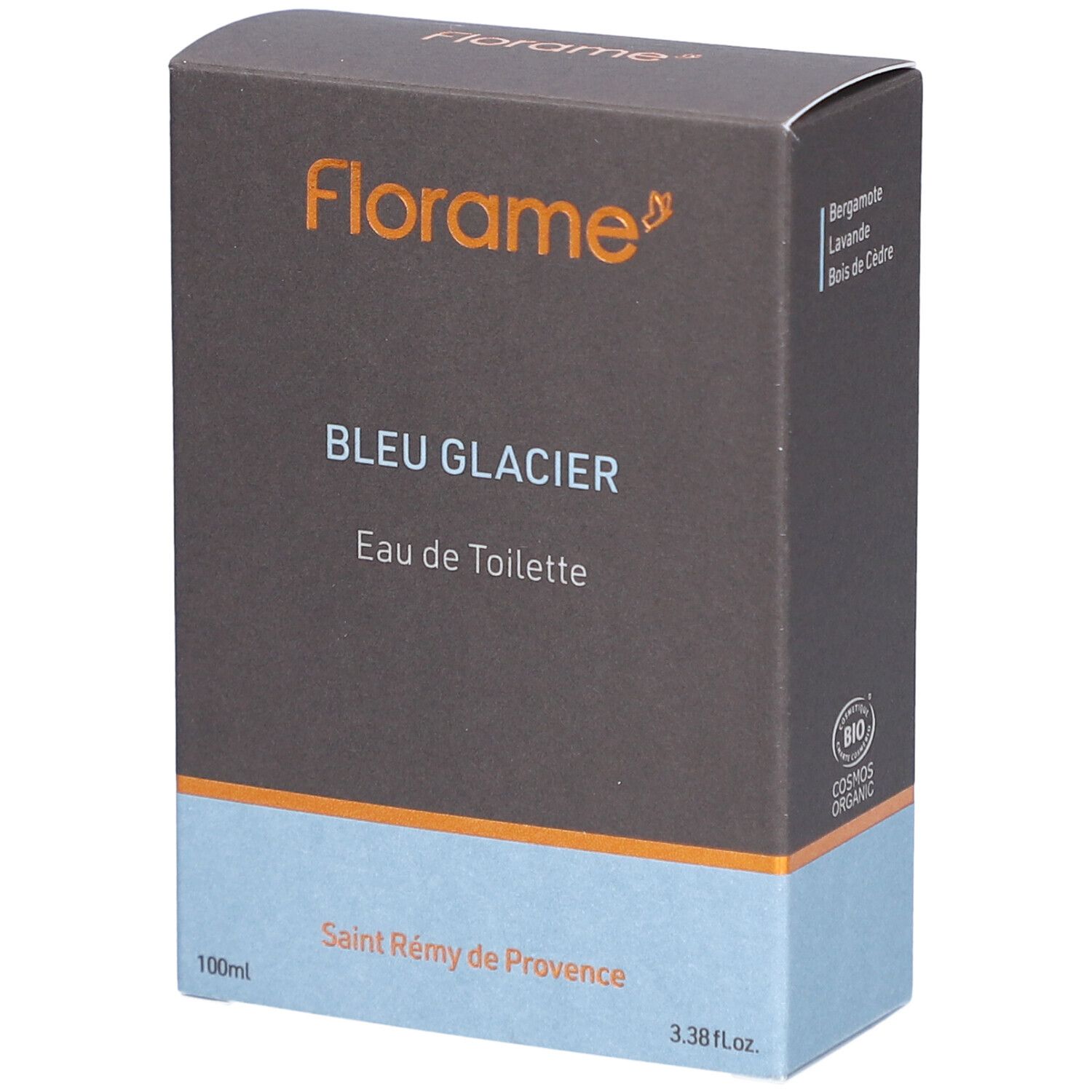 Kartonverpackung von FLORAME Eau de Toilette Gletscherblau. Braune Oberseite, hellblaue Unterseite. Text: Bleu Glacier, Eau de Toilette.