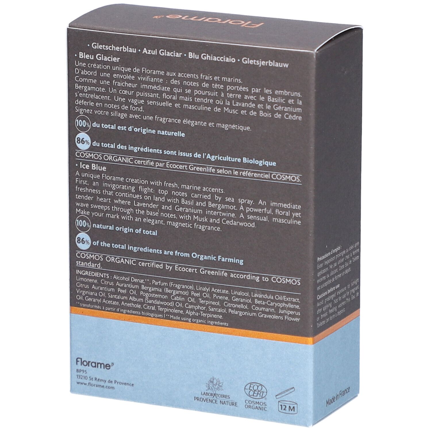 Rückseite der Kartonverpackung von FLORAME Eau de Toilette. Text in mehreren Sprachen. Enthält Informationen zu Inhaltsstoffen und Zertifizierungen.