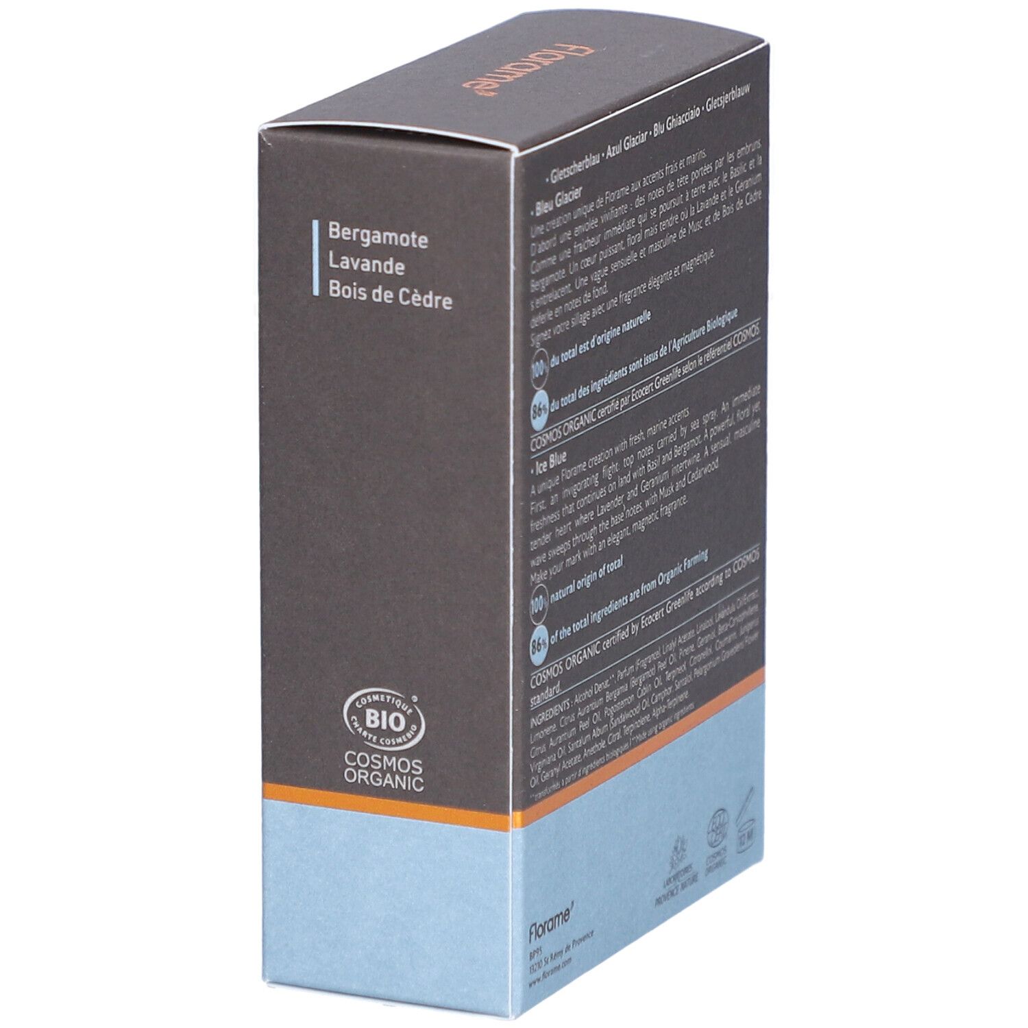 Kartonverpackung von FLORAME Eau de Toilette. Text: Bergamotte, Lavande, Bois de Cèdre. Mit Bio-Zertifizierung.