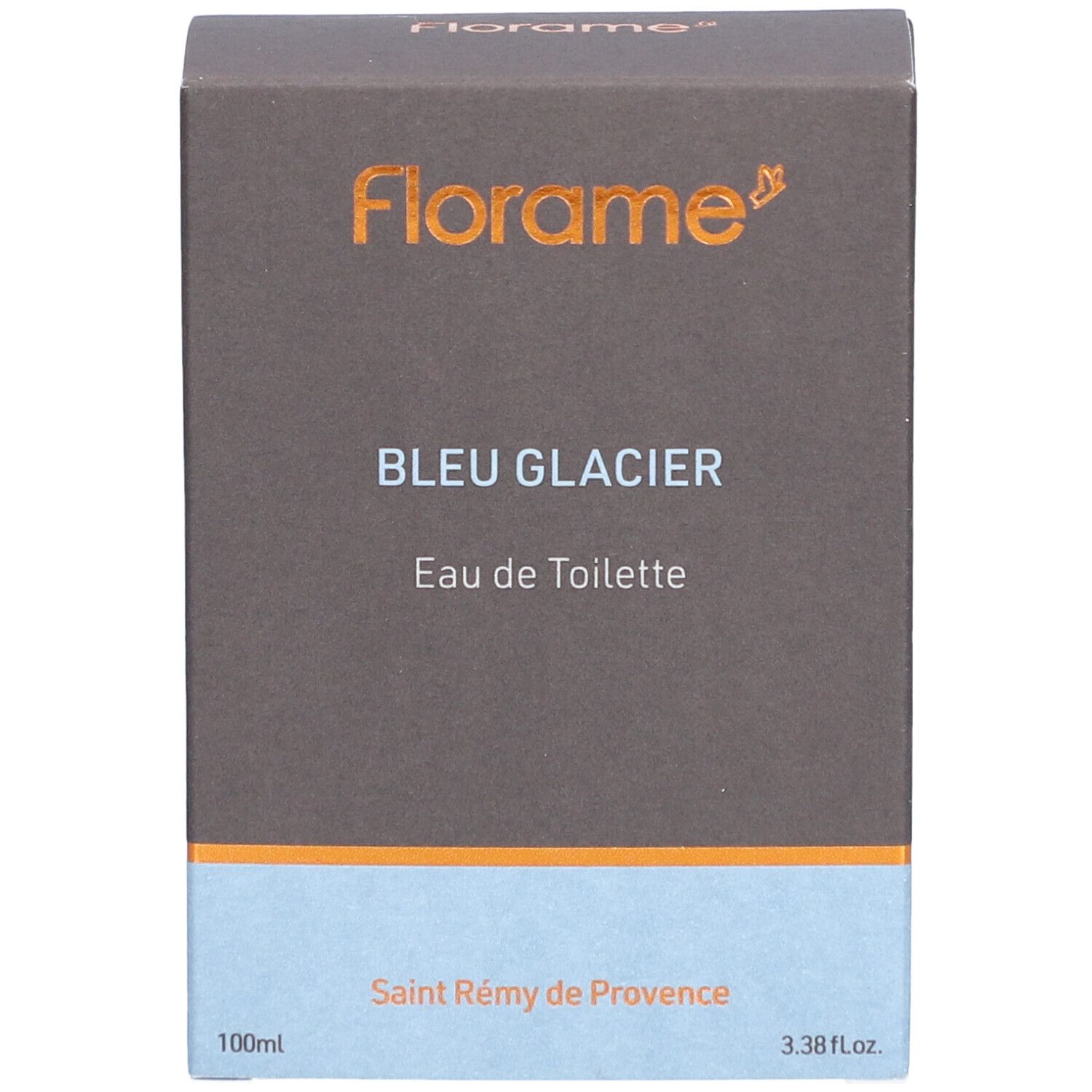 Kartonverpackung von FLORAME Eau de Toilette Gletscherblau. Braune Oberseite, hellblaue Unterseite. Text: Bleu Glacier, Eau de Toilette.