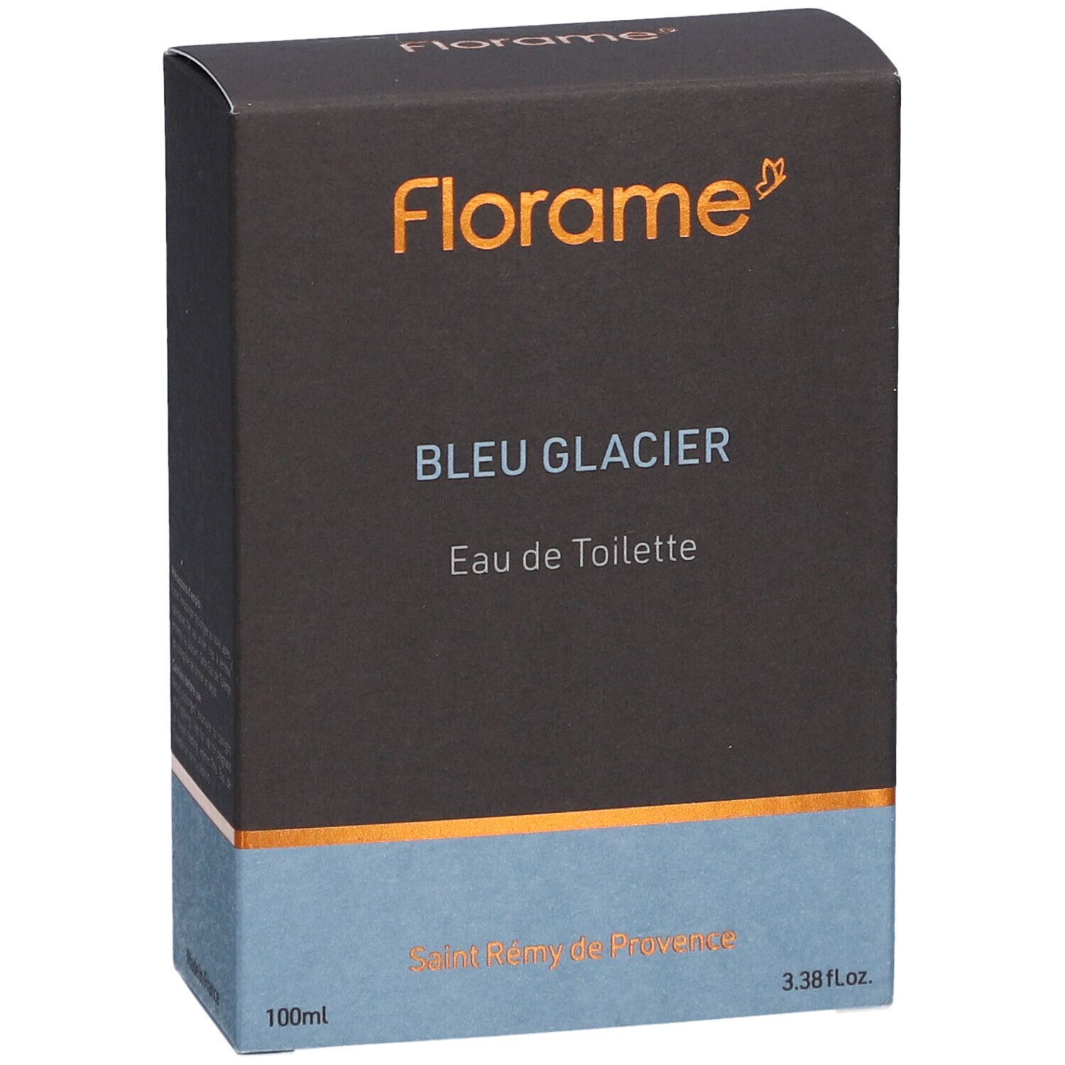 Kartonverpackung von FLORAME Eau de Toilette Gletscherblau. Braune Oberseite, hellblaue Unterseite. Text: Bleu Glacier, Eau de Toilette.