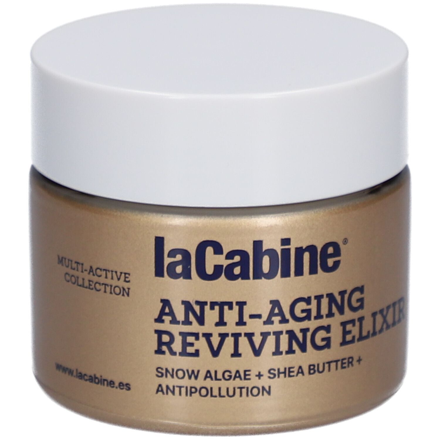 Goldfarbener Tiegel mit weißem Deckel. Aufschrift: laCabine Anti-Aging Reviving Elixir. Enthält Schneealgen und Sheabutter.