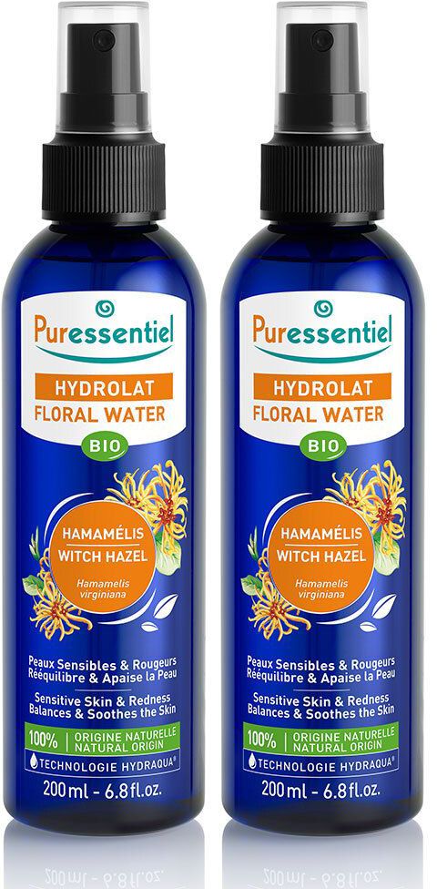 Zwei blaue Flaschen mit Sprühkopf. Aufschrift: Puressentiel, Hydrolat Floral Water, Hamamelis Witch Hazel. 200 ml.