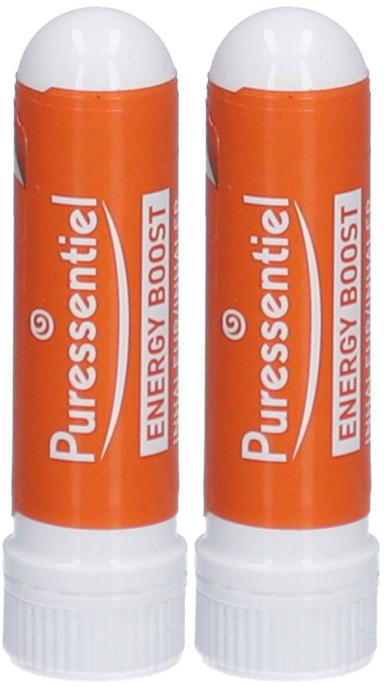 Zwei orangefarbene Inhalatoren mit weißem Deckel. Aufschrift: Puressentiel, Energy Boost.