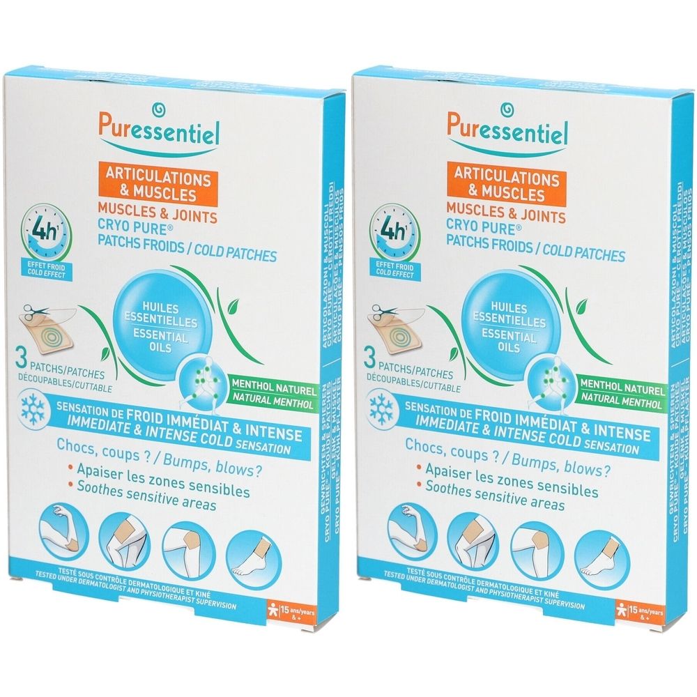 Deux boîtes de patchs froids Puressentiel. Inscription : ARTICULATIONS & MUSCLES, Cryo Pure, Patchs Froids/Cold Patches.