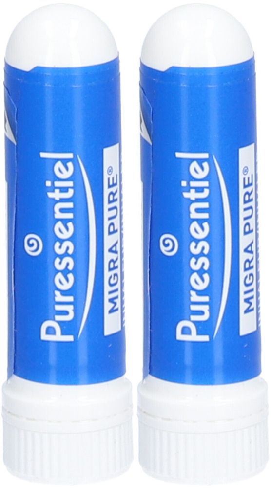 Zwei blaue Inhalatoren mit weißem Deckel. Aufschrift: Puressentiel Migra Pure.