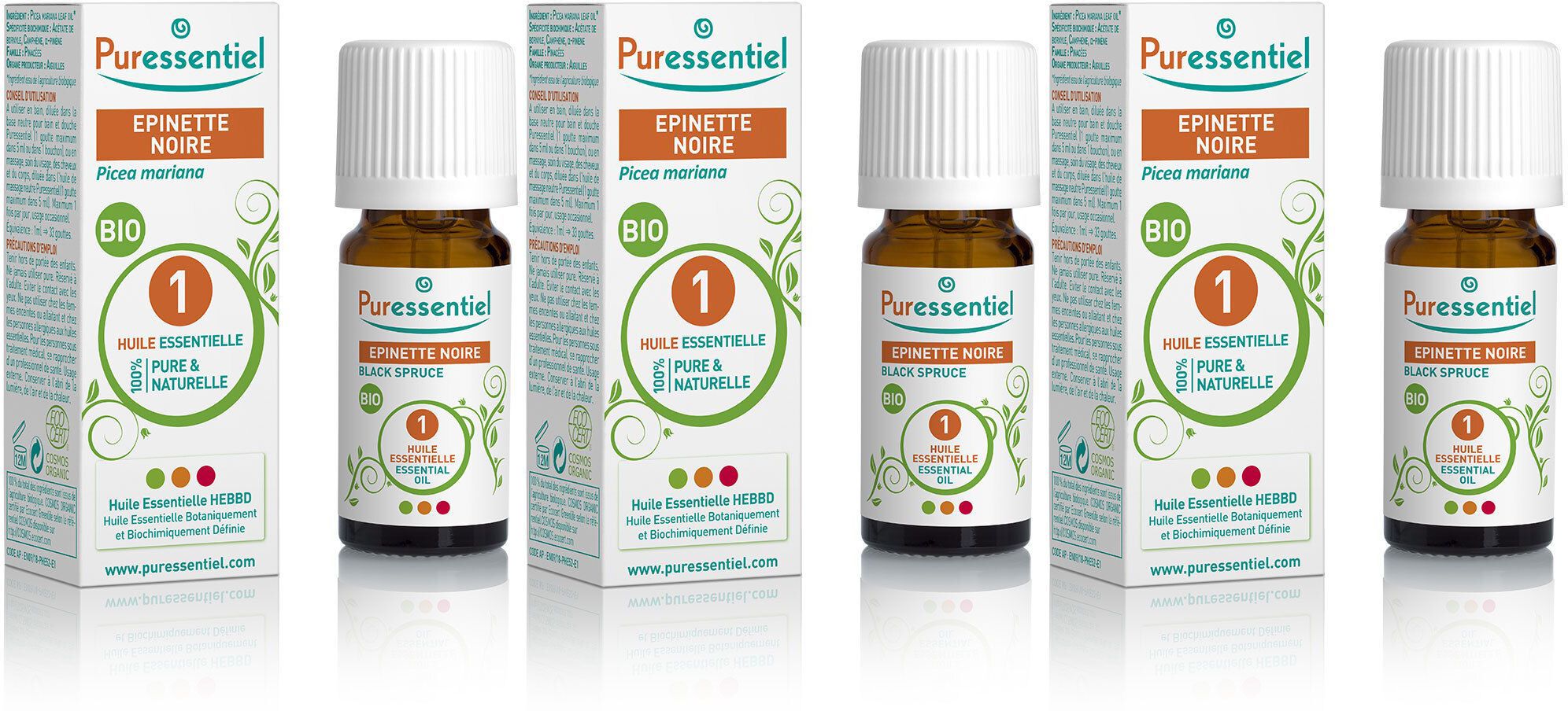 Mehrere Flaschen und Verpackungen mit dem Label "Puressentiel Epine Noire Bio".