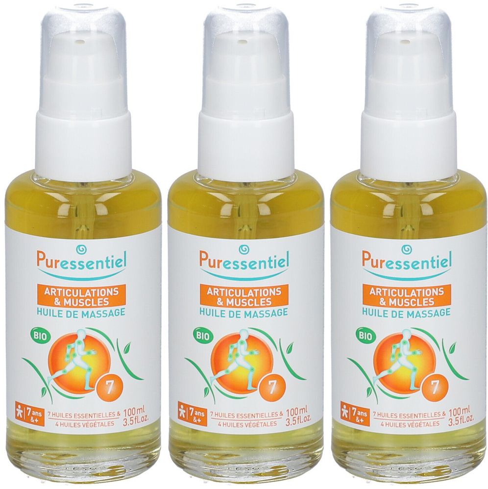 Drei Flaschen Puressentiel Massageöl. Aufschrift: Articulations & Muscles, BIO. Mit Sprühkopf und weißem Deckel. Gelbe Flüssigkeit.