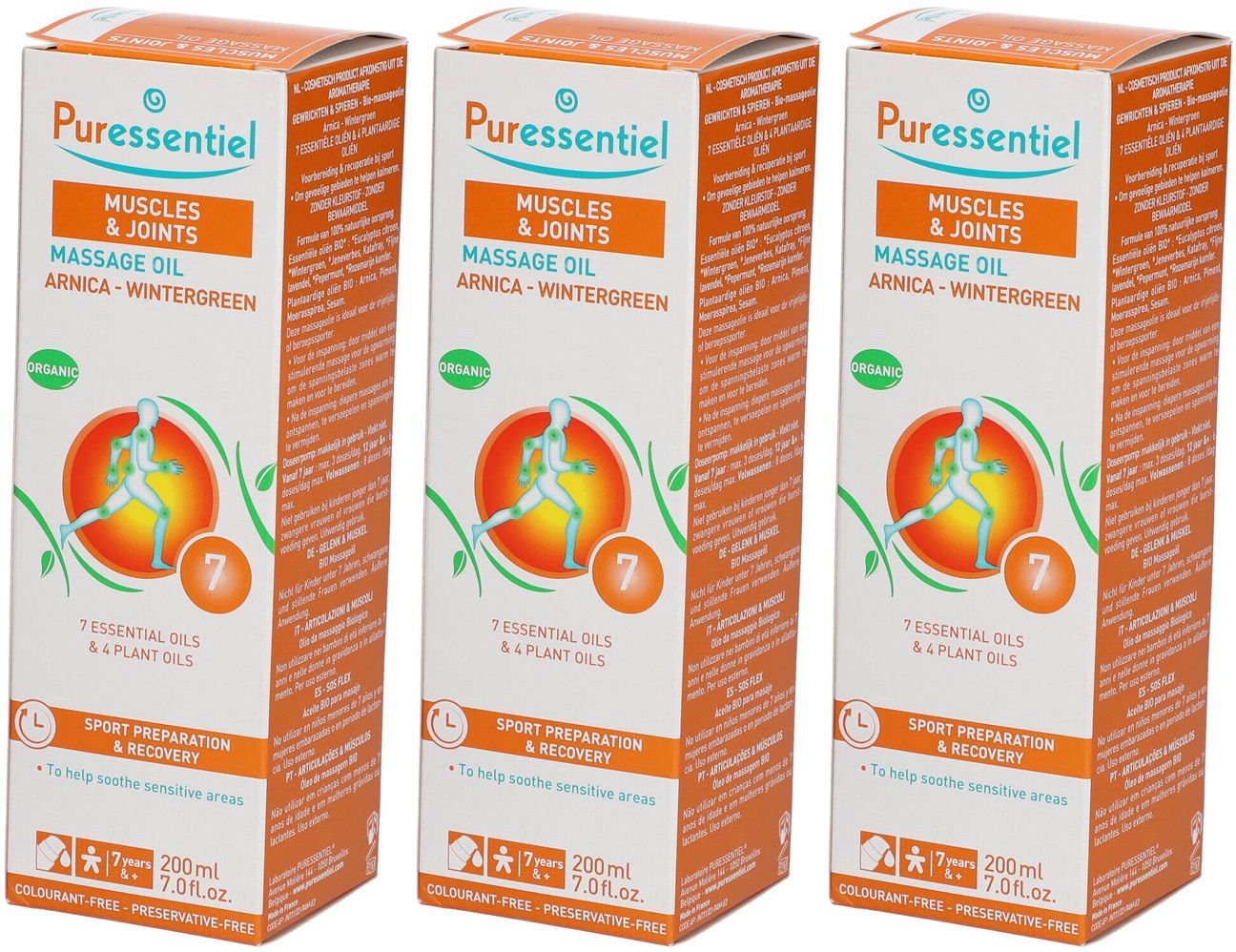 Drei identische Verpackungen von Puressentiel Massageöl. Orange-weißes Design mit Produktnamen und Abbildung eines Sportlers. Enthält 7 ätherische Öle.