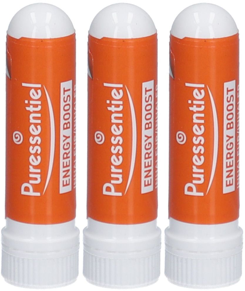 Trois inhalateurs orange avec bouchon blanc. Inscription : Puressentiel Energy Boost.