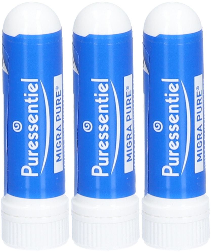 Drei blaue Inhalatoren mit weißem Deckel. Aufschrift: Puressentiel Migra Pure.