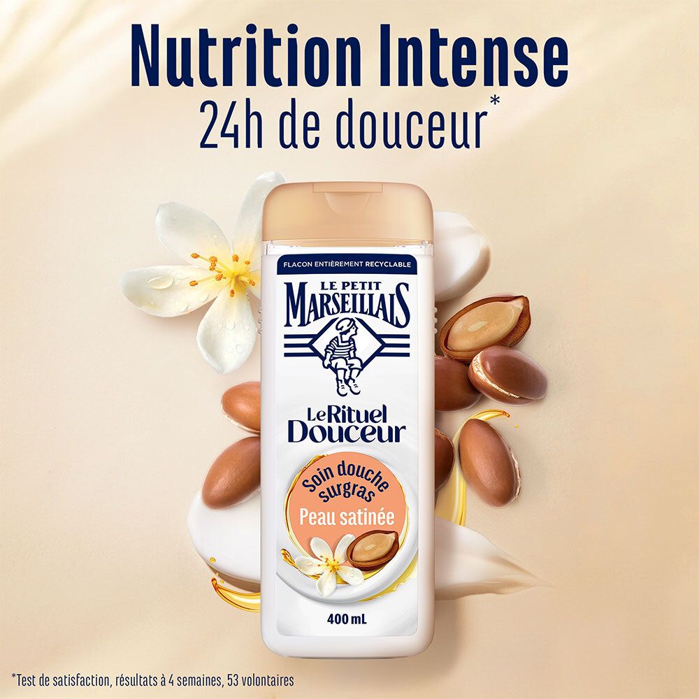 Flacon de produit avec fleurs et argan. Texte: Nutrition Intense 24h de douceur.
