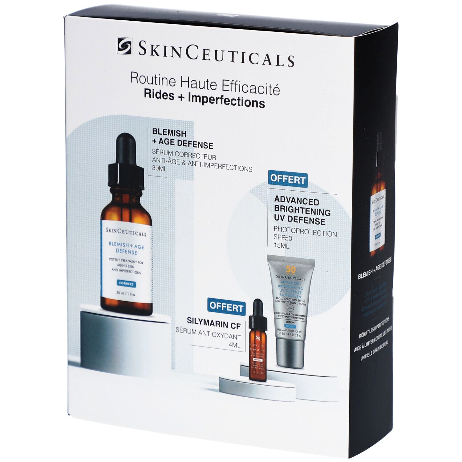 SkinCeuticals Coffret. Bevat serum en zonnebescherming. Verpakking met productafbeeldingen en tekst.